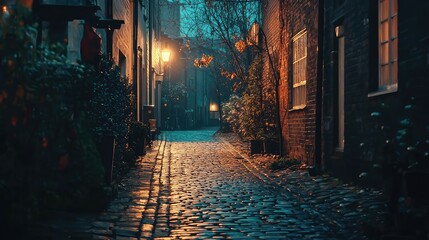 Serene Cobblestone Alleyway with Vintage Lanterns at Dusk