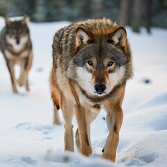 Naklejka premium 雪の中を歩くオオカミ