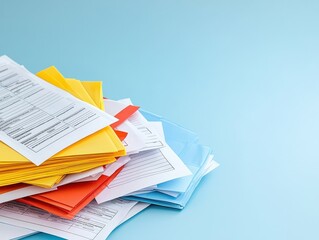 A colorful stack of various documents and papers lies on a light blue background, showcasing organization and office supplies.