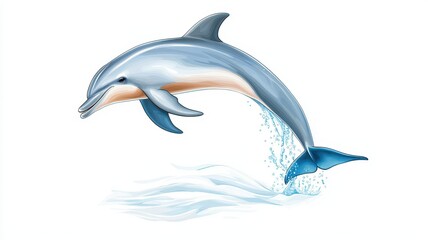 Fototapeta premium A dolphin leaps gracefully above the water, showcasing its sleek body and playful nature in a vibrant, aquatic scene.