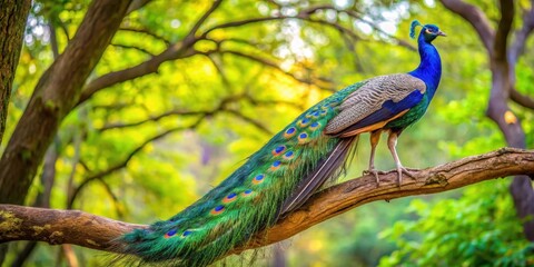 Fototapeta premium A majestic peacock perched on a tree branch with vibrant blue and green feathers in the background , branches