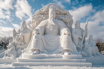 Fototapeta premium A snow sculpture of an ancient Chinese emperor on his throne surrounded by detailed carvings of his court