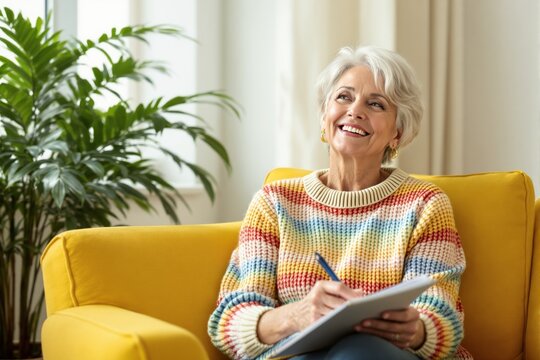 Smiling senior woman writing in notebook, sitting on yellow sofa indoors. - Powered by Adobe