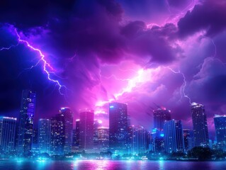 A vibrant city skyline illuminated by colorful lights under a dramatic sky with lightning and swirling clouds, creating a stunning night scene.