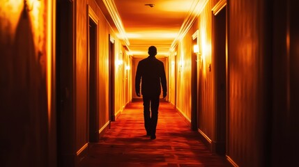 Obraz premium Mysterious Figure Walking Down Hotel Corridor at Night