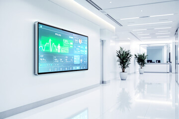 Digital dashboard in modern office hallway with plants and bright white interior.