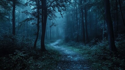 Fototapeta premium Serene Misty Forest Pathway in Cool Blue Tones at Dusk