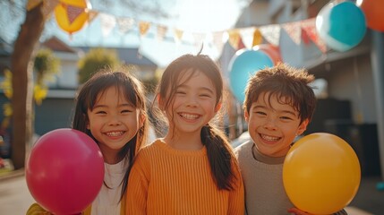 Fun shot of 3 children from different cultural backgrounds playing outdoors with balloons, banners and festive decorations to celebrate International Children's Day