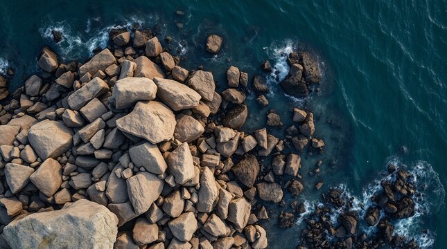 A dramatic aerial shot capturing ocean waves meeting a rugged rocky coastline, featuring large boulders and exciting sea movements, invoking power, stability, and the raw beauty of nature