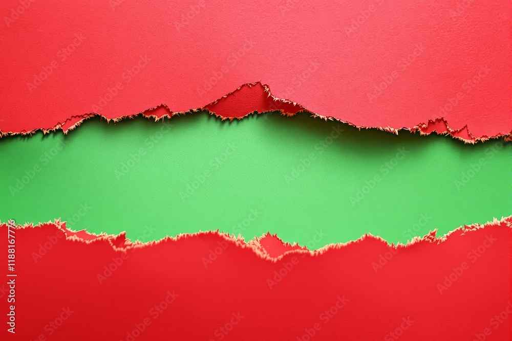Poster torn red paper revealing green background in center for design or presentation layout.