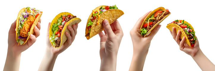 Collection set of hand holding Mexican hard soft shell tacos tortilla, with different ingredients salsa guacamole beef cheese chicken seafood on transparent cutout PNG. Mockup template for artwork