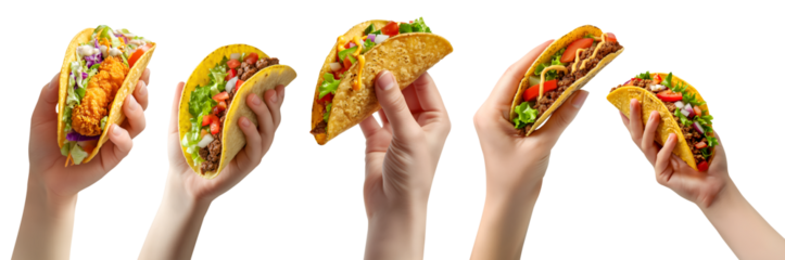 Collection set of hand holding Mexican hard soft shell tacos tortilla, with different ingredients salsa guacamole beef cheese chicken seafood on transparent cutout PNG. Mockup template for artwork