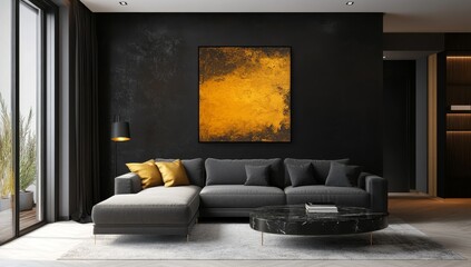 Modern living room with dark walls, gray sectional sofa, gold artwork, and marble coffee table.