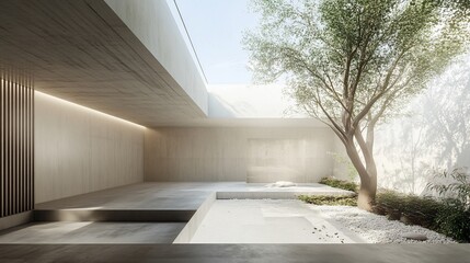 A serene architectural space featuring minimalistic design and a central tree.