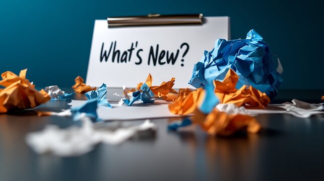 What's New? Brainstorming and crumpled paper signifying new ideas and innovation.