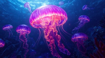 Obraz premium Stunning Underwater Scene with Vibrant Jellyfish in Blue Ocean