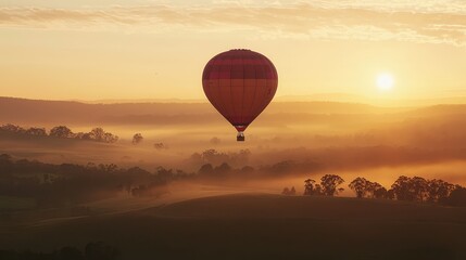 Fototapeta premium Scenic Hot Air Balloon Ride Over Misty Landscape at Sunrise
