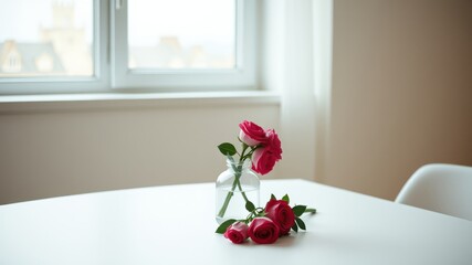 A single vase of pink roses on a white table beside a window with natural light streaming in