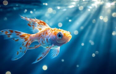 Naklejka premium Colorful goldfish swims gracefully through shimmering blue waters illuminated by sunlight