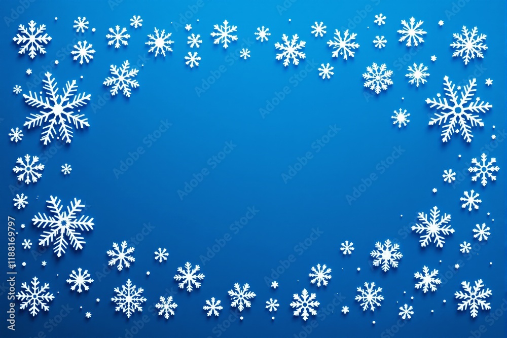 Poster White snowflakes border on blue background with central empty space for text or design layout.