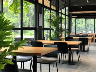 Fototapeta premium A modern dining space featuring wooden tables, black chairs, and large windows with greenery outside, creating a bright and inviting atmosphere.