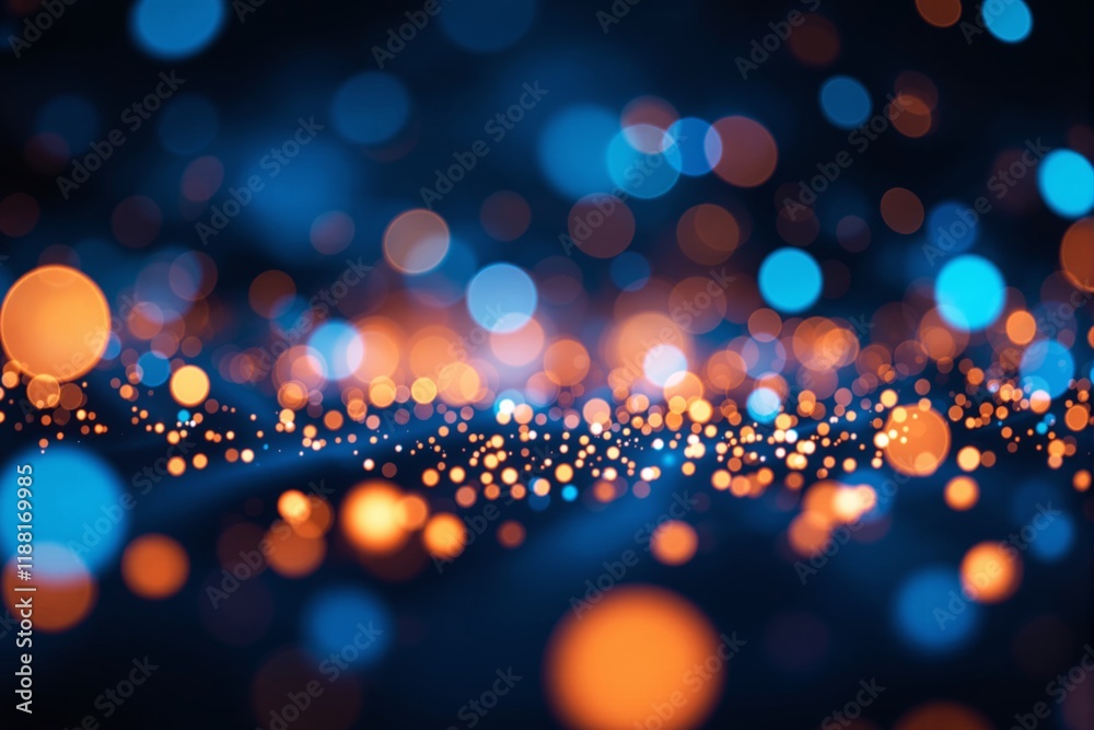 Poster abstract bokeh effect with vibrant orange and blue glowing light particles on a dark background.
