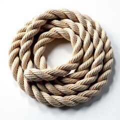 Fototapeta premium Coiled nautical rope featuring a complex knot against a pure white backdrop , sailing, boat