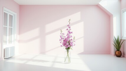 A single vase filled with delicate pink flowers stands in the center of an empty room bathed in soft sunlight, creating a serene and minimalist interior design aesthetic.