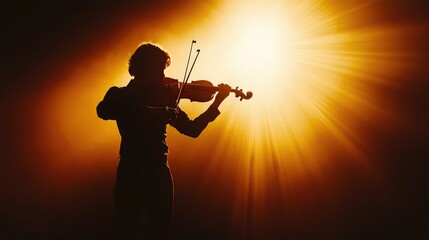 Musician Silhouette Playing Violin in Dramatic Golden Light