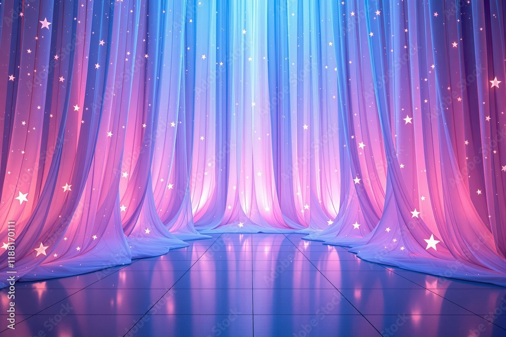 Poster elegant curtain background with gradient colors and glowing stars for presentations.