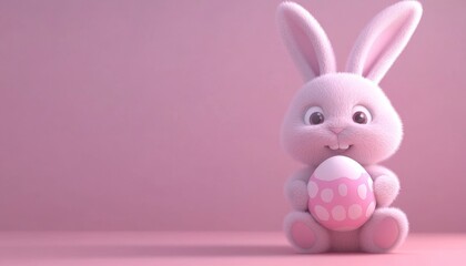 Fototapeta premium Cute pink bunny holding easter egg on soft pastel background