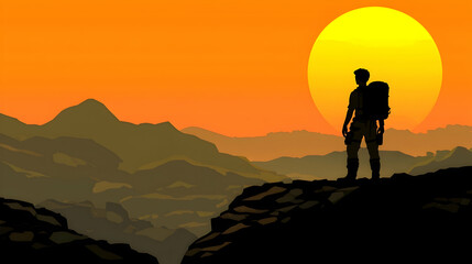 Silhouette hiker sunset mountaintop landscape adventure travel poster