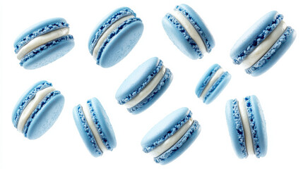 A collection of pastel blue macarons, arranged dynamically, hovering against a pure white background. Each macaron features intricate textures and creamy fillings