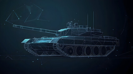 A horizontal banner showcasing a glowing blue wireframe design of a tank, symbolizing advanced military technology and innovation