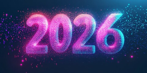 Vibrant digital 2026 in neon lights with dynamic particle effects