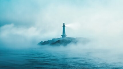 Fototapeta premium Misty Lighthouse Standing Tall in a Foggy Seascape at Dawn