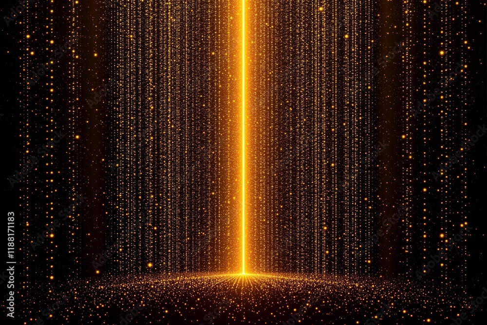 Poster glowing vertical golden light beams with sparkling particles on black background.