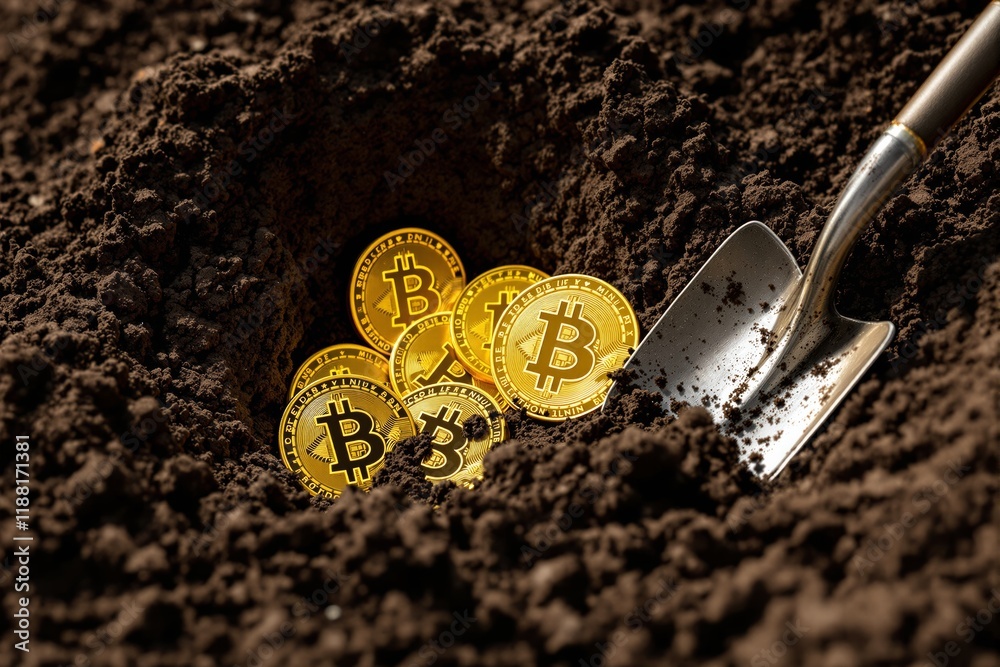 Poster bitcoin coins in soil with a shovel, symbolizing cryptocurrency mining.