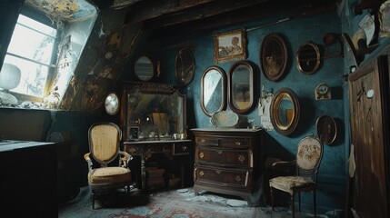 Vintage Decor in Abandoned Room with Antique Furniture and Mirrors
