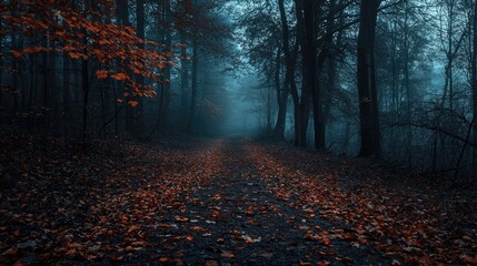 Fototapeta premium Misty Forest Path with Autumn Leaves and Mysterious Atmosphere