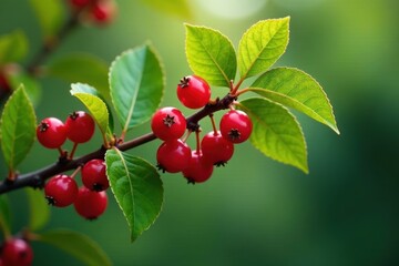 Curly cherry branch adorned with bright red berries and lush green foliage, greenery, branches