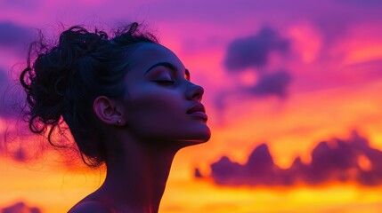 Serene Woman Silhouette Against Colorful Sunset Sky Background