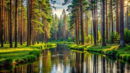 A serene forest with tall trees and a winding river , outdoors, nature