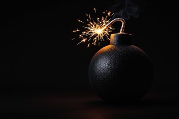 Explosive bomb with a lit fuse emitting bright sparks on a dark background.