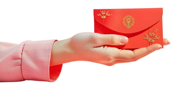 A delicate hand offers a vibrant red envelope, adorned with gold accents and floral details. A symbol of prosperity and good fortune., cut out,transparent background