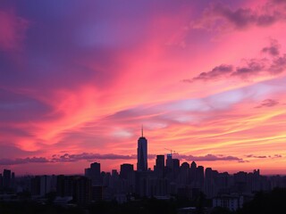 Fototapeta premium Breathtaking sunset over city skyline with vibrant colors and dramatic clouds, cityscape, majestic, beauty