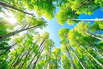 Naklejka premium Bright green treetops with sunlight shining through and blue sky in background.