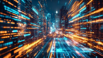 Futuristic cityscape with glowing digital data streams.