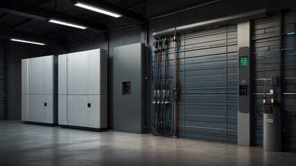 Concept of a home battery packs alternative electric energy storage system at modern home garage wall as backup or sustainable energy concepts.