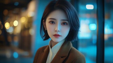 Obraz premium Young asian female in blurred urban setting with short hair and intense gaze at night